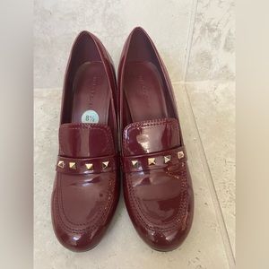 Mark Fisher, Ted Burgundy, Gold stud Pattened Leather loafer Block Heel Size 8.5